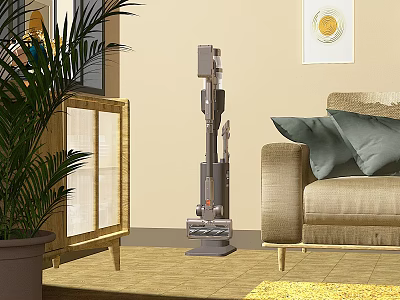Elegant Modern Living Room Interior With Vacuum Cleaner Sofa Cabinet And Plant 3d model