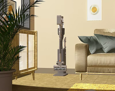 Elegant Modern Living Room Interior With Vacuum Cleaner Sofa Cabinet And Plant 3d model