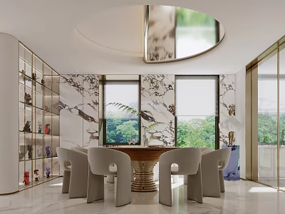 Elegant Restaurant Interior With Round Chandelier Marble Walls Round Dining Table Grey Chairs Green Plants 3d model