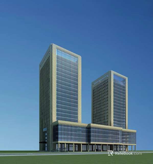 Two Modern Tall Glass Curtain Office Buildings Against Clear Blue Sky 3d model 