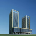 Two Modern Tall Glass Curtain Office Buildings Against Clear Blue Sky