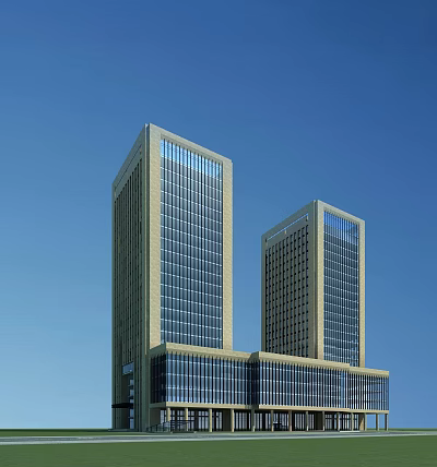 Two Modern Tall Glass Curtain Office Buildings Against Clear Blue Sky 3d model