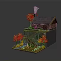 Cartoon Scene With Wooden Cabin On Cliff And Autumn Trees By Stream