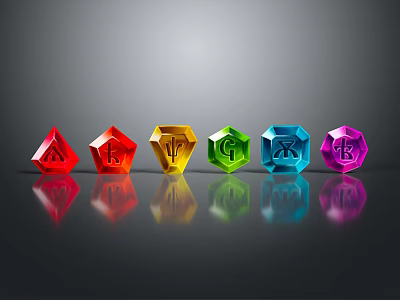 Colorful Polyhedrons With Symbols In Red To Purple Arrangement And Reflections 3d model