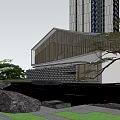 Modern Sales Office Building With Unique Roof Design Surrounded by Greenery and High-Rise Buildings