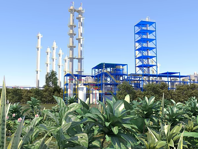 Beautiful Industrial Chemical Plant Scenery With Lush Green Plants Under Bright Cloudless Blue Sky 3d model