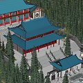 Ancient Chinese Architecture With Blue Roof Red Pillars And Courtyard Surrounded By Trees