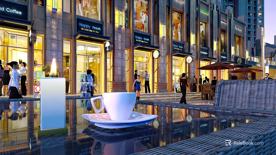 Illuminated Commercial Street at Night with Modern Shops Pedestrians Café and Coffee Cup 3d model 