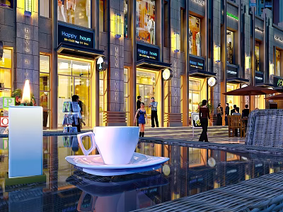 Illuminated Commercial Street at Night with Modern Shops Pedestrians Café and Coffee Cup 3d model