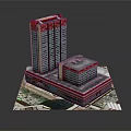 Modern High Rise And Low Rise Building Complex With Red Gray Exterior And Glass Curtain Walls