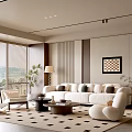 Modern Living Room Interior With White Sofa Geometric Rug Large Windows And Decorative Painting