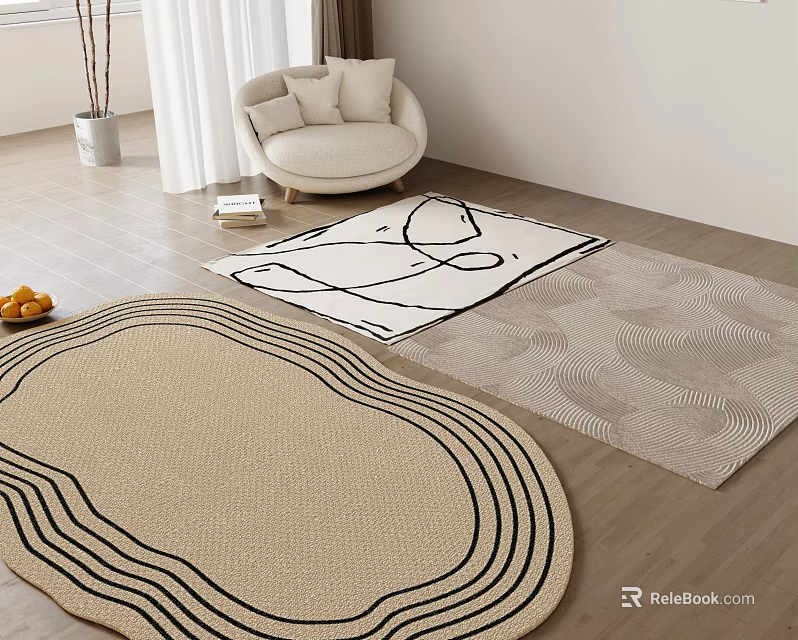 Square Rug In Modern Living Room With Abstract Patterns 3d model