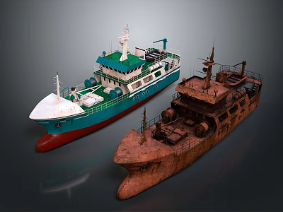 Modern Green and White Water Transport Ship And Old Rusted Vintage Boat Model 3d model