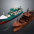 Modern Green and White Water Transport Ship And Old Rusted Vintage Boat Model