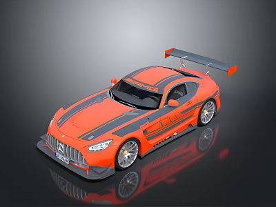 Orange Mercedes AMG Racing Car With Black Stripes And Large Rear Spoiler 3d model