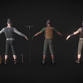 Three Male Worker Characters In Different Outfits With Tools And Wooden Box