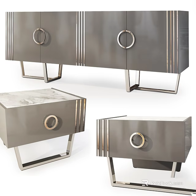 Modern Console Tables With Metal Frame Circular Ring Handles And Marble Top 3d model 