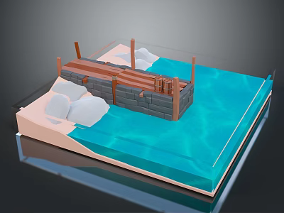 3D Model Scene Featuring Wooden Dock Blue Water Rocks and Sand 3d model