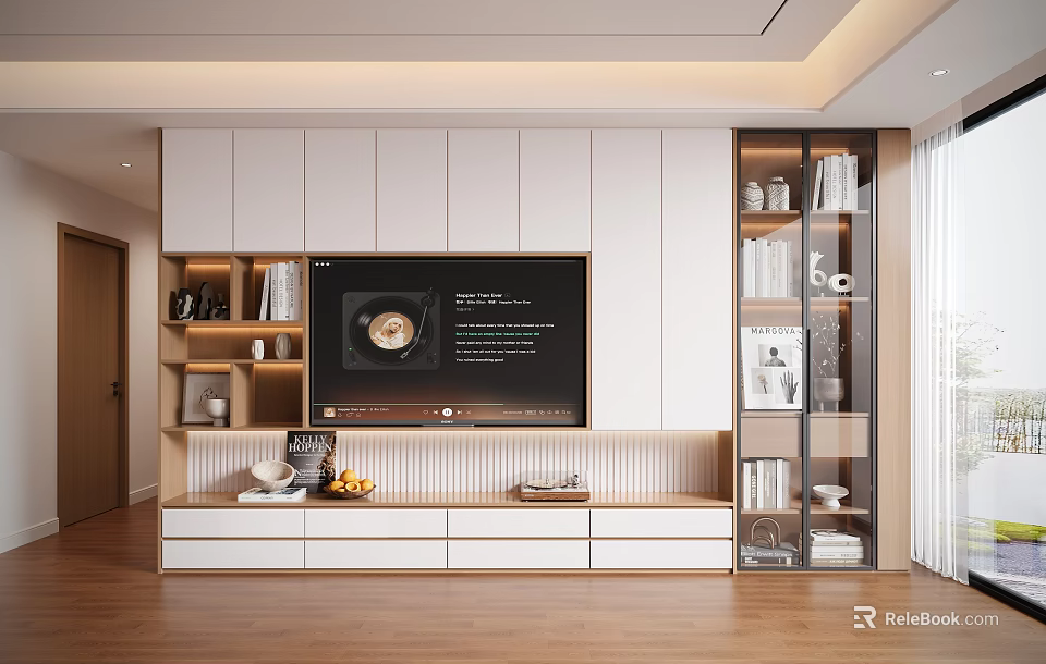 Modern TV Stand Design With White Wood Cabinet Open Shelves Glass Doors And Decorations 3d model 