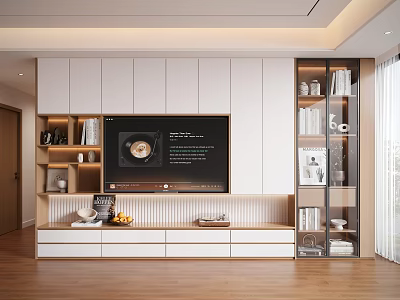 Modern TV Stand Design With White Wood Cabinet Open Shelves Glass Doors And Decorations 3d model