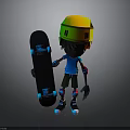 Colorful Cartoon Character Wearing Yellow Green Helmet Holding Black Skateboard On Gray Background