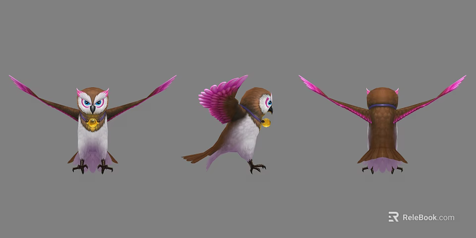 Flying Owl 3D Character with Different Angles Pink Wings Bell Around Neck White Brown Feathers 3d model 