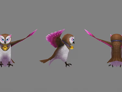 Flying Owl 3D Character with Different Angles Pink Wings Bell Around Neck White Brown Feathers 3d model