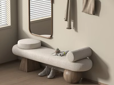 Cozy Beige Fabric Bench with Wooden Legs Round Cushion in Corner with Mirror and Shoes 3d model