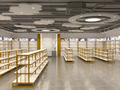Modern Retail Store Interior With Golden Display Shelves White Cloud Ceiling And Spacious Layout 3d model