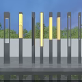 Neatly Arranged Modern Outdoor Lights With Metal Columns And White Glow By Evening Poolside