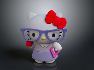 Cute White Cat with Red Bow Purple Glasses Red Apple Pink Notebook and Purple Dress 3d model