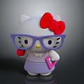 Cute White Cat with Red Bow Purple Glasses Red Apple Pink Notebook and Purple Dress