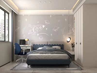 Kids Room With Space Theme Wall Art Rocket Stars Planets Blue Bed Desk And Chair 3d model