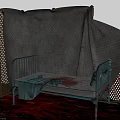 Gloomy Room Interior With Metal Bed Frame Blood Stains Blue Cloth And Blue Curtain Background