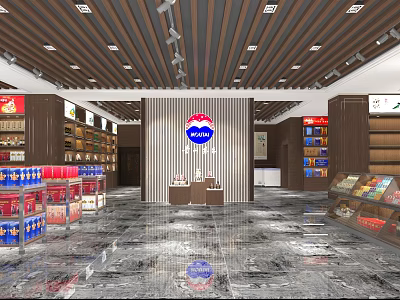 Modern Spacious Tobacco and Alcohol Store Interior With Shelves Product Displays And Marble Floor 3d model