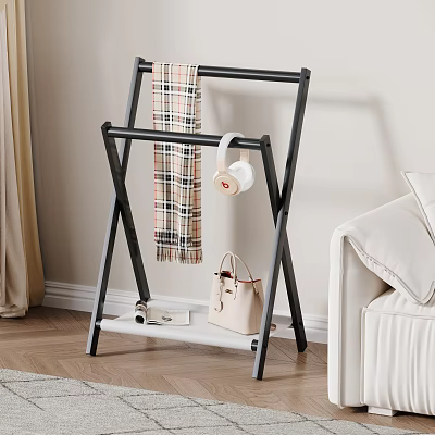Foldable Black Shelf with Checkered Scarf White Cup Beige Bag and Shoes in Living Room 3d model