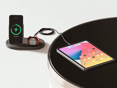 Smartphone Smartwatch and Tablet Charging with Cables on Black Round Table 3d model