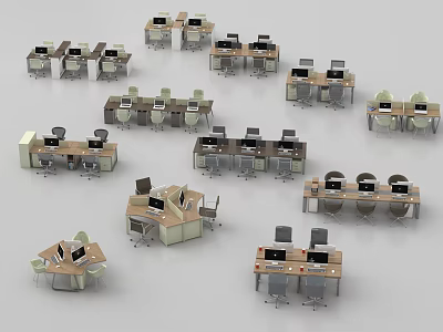 Modern Office Desks With Multiple Chairs Computers And Workspace Layout 3d model