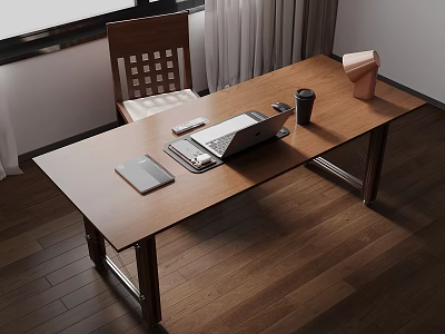 Wooden Home Office Desk With Laptop Tablet Mouse Coffee Cup And Chair 3d model