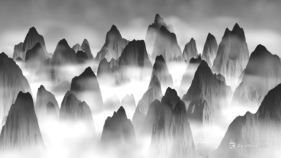 Black and White Ink Painting Style Scenic Landscape with Jagged Mountains and Floating Mist 3d model 