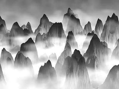 Black and White Ink Painting Style Scenic Landscape with Jagged Mountains and Floating Mist 3d model
