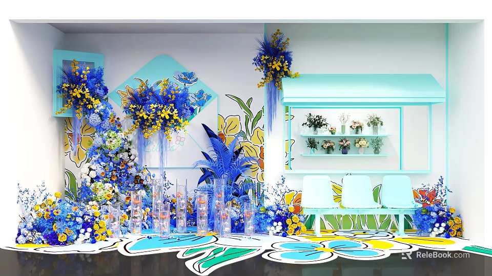 Floral Display Design With Blue Yellow Flowers Geometric Wall Decor And Shelf Vases 3d model 