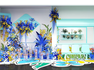 Floral Display Design With Blue Yellow Flowers Geometric Wall Decor And Shelf Vases 3d model