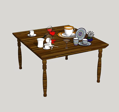 Stylish Cups and Teacups on Wooden Table with Teapot Saucers and Vase 3d model