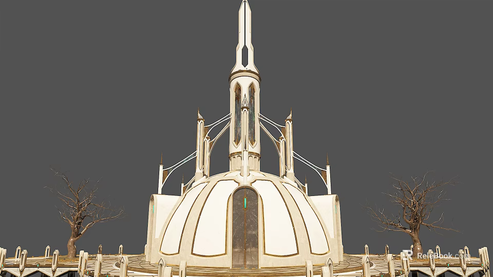 White Dome Building With Spire And Central Door Surrounded By Trees 3d model 