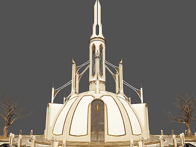 White Dome Building With Spire And Central Door Surrounded By Trees 3d model