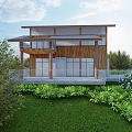 Two Story Wooden House With Black Roof Large Glass Windows White Railings And Lawn