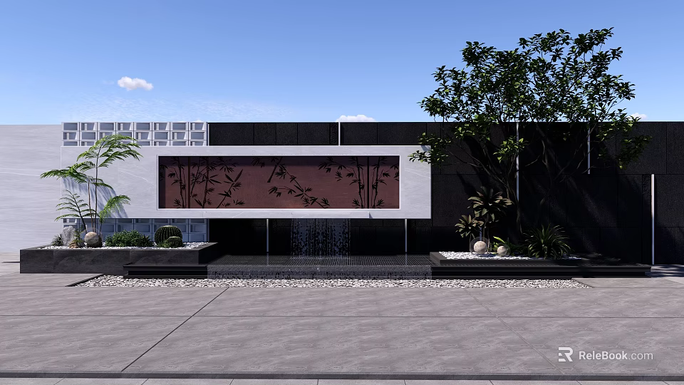 Modern Garden Landscape Design With Red Black Decorative Water Feature Wall And Green Plants 3d model 