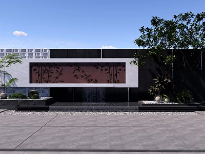 Modern Garden Landscape Design With Red Black Decorative Water Feature Wall And Green Plants 3d model