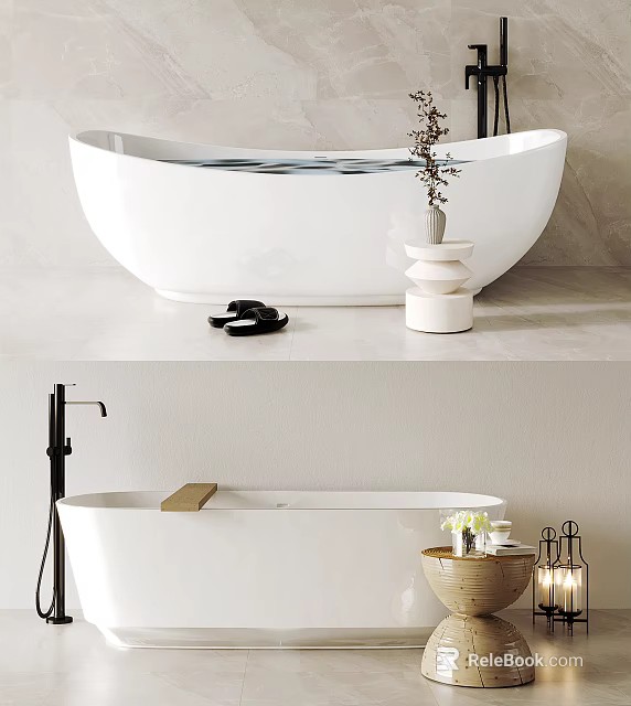 Minimalist Modern Freestanding White Bathtub Interior With Plant Vase Slippers And Wooden Tray 3d model 